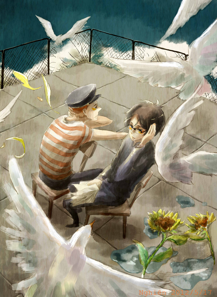 2boys bird black_hair black_jacket black_pants blonde_hair blush chair cross_scar day dove facial_scar flower from_above full_body gakuran glasses hand_in_own_hair hat highres inputanimeoutput jacket kawabuchi_sentarou male_focus military_hat multiple_boys nishimi_kaoru outdoors painterly pants rooftop sakamichi_no_apollon scar scar_on_cheek scar_on_face school_uniform short_hair sitting sunflower wind wire_fence