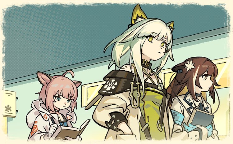 3girls :| ahoge animal_ear_fluff animal_ears arknights blue_eyes blue_gloves book border breasts brown_eyes brown_hair cat_ears cat_girl cloak closed_mouth coat commentary cross detached_collar dress english_commentary fading_border favilia flower folinic_(arknights) frown gloves greek_cross green_dress green_eyes hair_flower hair_ornament hand_in_pocket holding holding_book holding_pen hood hood_down hugging_book hugging_object infection_monitor_(arknights) kal&#039;tsit_(arknights) lapels long_sleeves looking_ahead looking_down material_growth multiple_girls notebook off-shoulder_coat off-shoulder_dress off_shoulder open_cloak open_clothes open_coat oripathy_lesion_(arknights) pen pink_hair small_breasts star_of_life stethoscope sussurro_(arknights) three_quarter_view upper_body walking white_cloak white_coat white_gloves white_hair writing