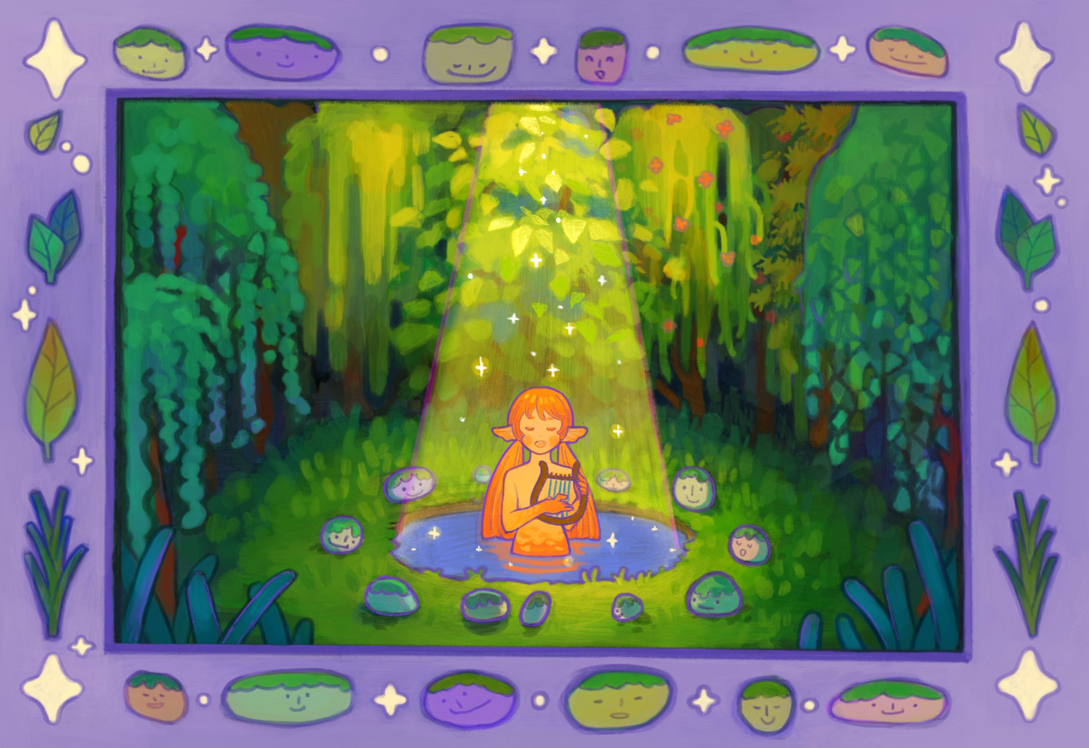 1girl border closed_eyes commentary_request creature fins foliage forest grass head_fins highres holding holding_instrument holding_lyre instrument leaf long_hair lyre mermaid monster_girl music nature orange_hair original ornate_border outdoors plant playing_instrument purple_border singing smile sparkle spotlight star_(symbol) tree twintails water ya0n0524