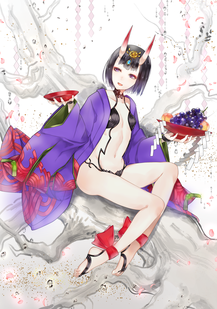 1girl alcohol black_hair cup ekm fate/grand_order fate_(series) food fruit grapes highres horns in_tree japanese_clothes kimono navel open_mouth peach purple_eyes purple_kimono revealing_clothes sakazuki sake short_hair shuten_douji_(fate) sitting skin-covered_horns solo tree