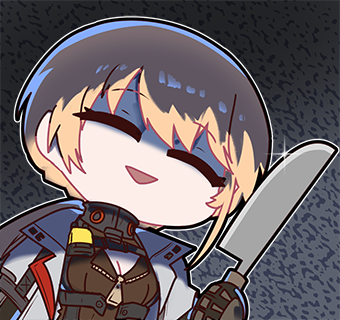 1girl black_gloves blonde_hair chibi chibi_only chinese_commentary closed_eyes coat from_below girls&#039;_frontline girls&#039;_frontline_2:_exilium gloves groza_(girls&#039;_frontline_2) holding holding_knife knife lowres madcore official_art open_mouth ots-14_(girls&#039;_frontline) partially_shaded_face second-party_source smile solo white_coat yandere
