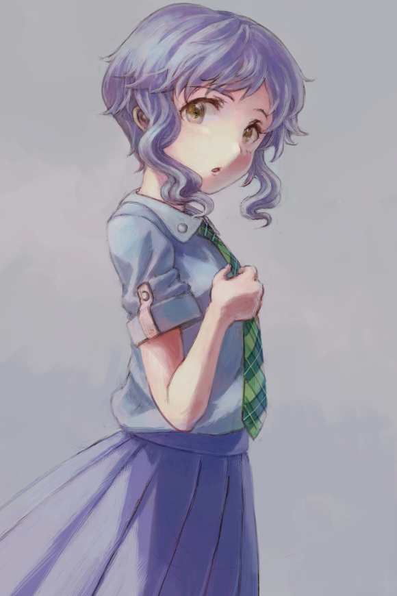1girl :o argyle_clothes argyle_necktie blue_background blue_hair blue_shirt collared_shirt from_side green_necktie hand_up idolmaster idolmaster_million_live! light_blue_hair looking_at_viewer makabe_mizuki necktie open_mouth pleated_skirt purple_skirt shirt short_hair skirt solo tareme vaison wavy_hair yellow_eyes