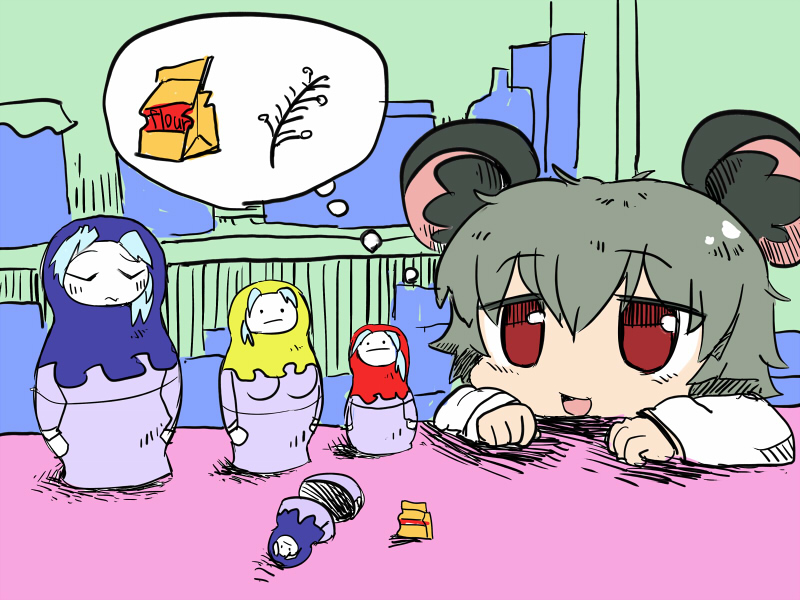 1girl animal_ears ayuki_(47881314) commentary_request cookie_(touhou) flour flour_(cookie) grey_hair kumoi_ichirin matryoshka_doll mouse_ears mouse_girl nazrin nyon_(cookie) open_mouth red_eyes short_hair smile solo speech_bubble table thought_bubble touhou upper_body