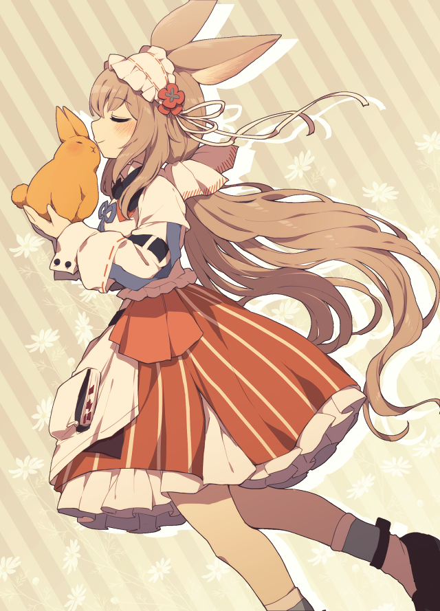 1girl animal animal_ears arknights black_footwear blush brown_hair closed_eyes commentary_request drop_shadow feet_out_of_frame headdress holding holding_animal holding_rabbit kiss kissing_animal lari_lab long_hair long_sleeves rabbit rabbit_ears shadow shirt socks solo striped_background warmy_(arknights) white_shirt yellow_background