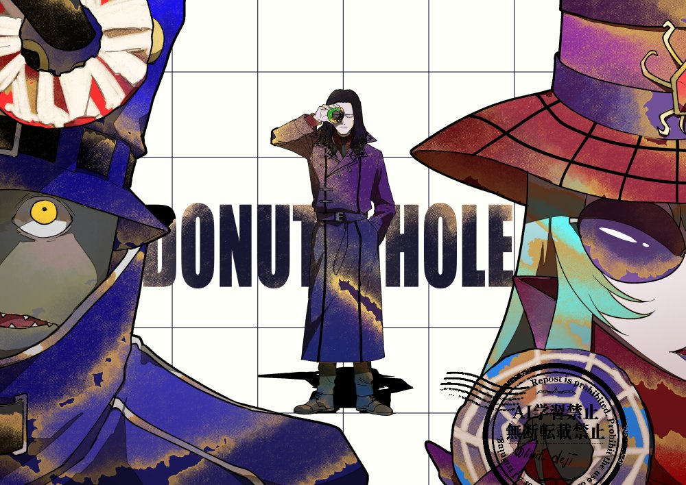 1girl 2boys archnemon black_hair blue_coat blue_hair blue_hat close-up coat digimon digimon_(creature) digimon_adventure_02 donut donut_hole_(vocaloid) english_text food full_body grey_background hand_in_pocket hat holding holding_donut holding_food limit_deji long_hair medium_hair multiple_boys mummymon no_eyebrows oikawa_yukio purple_coat red_hat sharp_teeth simple_background teeth watermark yellow_eyes