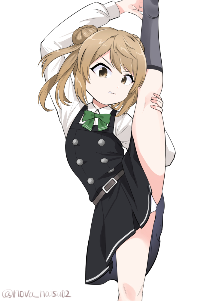 1girl belt black_dress bow bowtie breasts brown_hair collared_shirt dated double_bun dress dress_shirt green_bow green_bowtie grey_socks hair_bun kantai_collection long_sleeves medium_breasts michishio_(kancolle) michishio_kai_ni_(kancolle) noba_(ne83ko61) one-hour_drawing_challenge panties pinafore_dress shirt simple_background sleeveless sleeveless_dress socks solo split standing standing_on_one_leg standing_split twintails twitter_username underwear white_background white_panties white_shirt