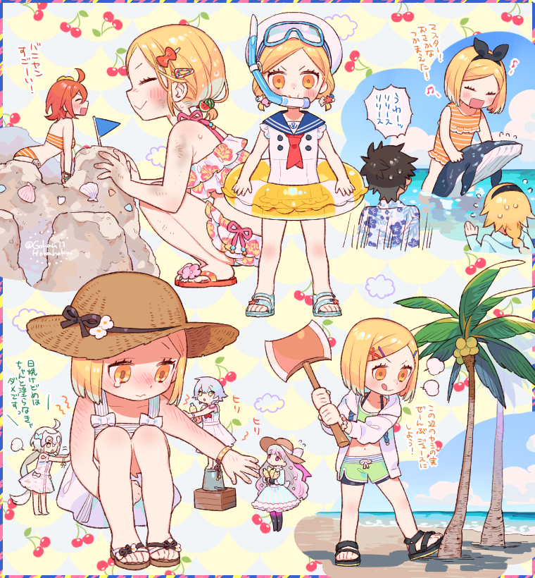 1boy 6+girls ahoge alternate_costume animal applying_sunscreen axe bikini bikini_shorts black_hair blonde_hair blue_background blue_flag blue_sailor_collar blush border breathing_tube building_sand_sculpture cherry cherry_background closed_mouth coconut_tree commentary_request crying dirty diving_mask dress facing_another fate/grand_order fate_(series) flag floral_print_bikini food frilled_bikini frills fruit fujimaru_ritsuka_(female) fujimaru_ritsuka_(female)_(brilliant_summer) fujimaru_ritsuka_(male) fujimaru_ritsuka_(male)_(tropical_summer) giant giantess goggles green_bikini grey_hair hair_ornament hairclip hat holding holding_animal holding_axe hood hooded_jacket innertube jack_the_ripper_(fate/apocrypha) jacket jeanne_d&#039;arc_(fate) jeanne_d&#039;arc_(swimsuit_archer)_(fate) jeanne_d&#039;arc_(swimsuit_archer)_(first_ascension)_(fate) jeanne_d&#039;arc_alter_santa_lily_(fate) knees_up multicolored_border multiple_girls multiple_views musical_note neckerchief nursery_rhyme_(fate) ocean one-piece_swimsuit open_clothes open_jacket open_mouth orange_eyes orange_hair orange_one-piece_swimsuit orange_sandals outdoors outside_border outstretched_arm palm_tree panicking paul_bunyan_(fate) red_neckerchief sailor_collar sailor_one-piece_swimsuit sand sand_castle sand_sculpture sandals sara_(kurome1127) seashell shell short_hair shorts sitting size_difference smile spoken_musical_note squatting sun_hat sunburn sundress swim_ring swimsuit tongue tongue_out translation_request tree two-tone_background whale white_dress white_jacket yellow_background