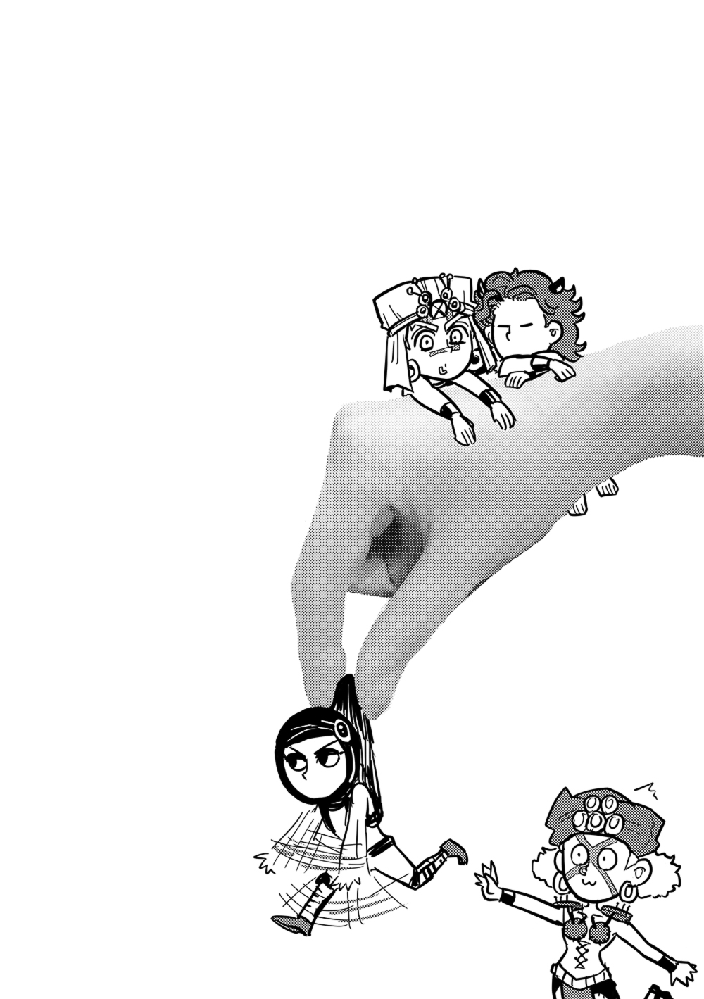 4boys :3 bad_id bad_pixiv_id battle_tendency chibi chocoblood esidisi greyscale halftone hat headscarf highres horns jojo_no_kimyou_na_bouken kars_(jojo) mini_person miniboy monochrome multiple_boys photo_background picking_up santana_(jojo) wamuu white_background