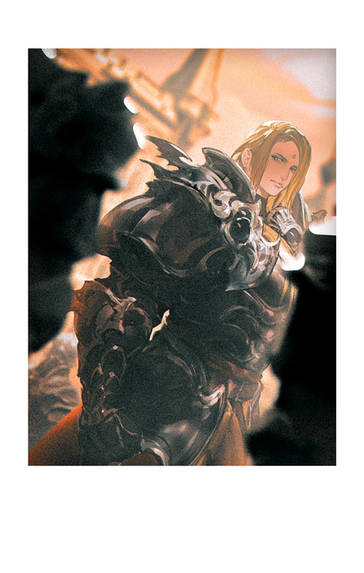 1boy armor belt black_armor blonde_hair blue_eyes border breastplate castle chinese_commentary closed_mouth commentary_request cowboy_shot facial_mark faulds film_grain final_fantasy final_fantasy_xiv forehead_mark gauntlets hangleing long_hair looking_to_the_side male_focus parted_hair people sideways_glance solo_focus standing white_border zenos_yae_galvus