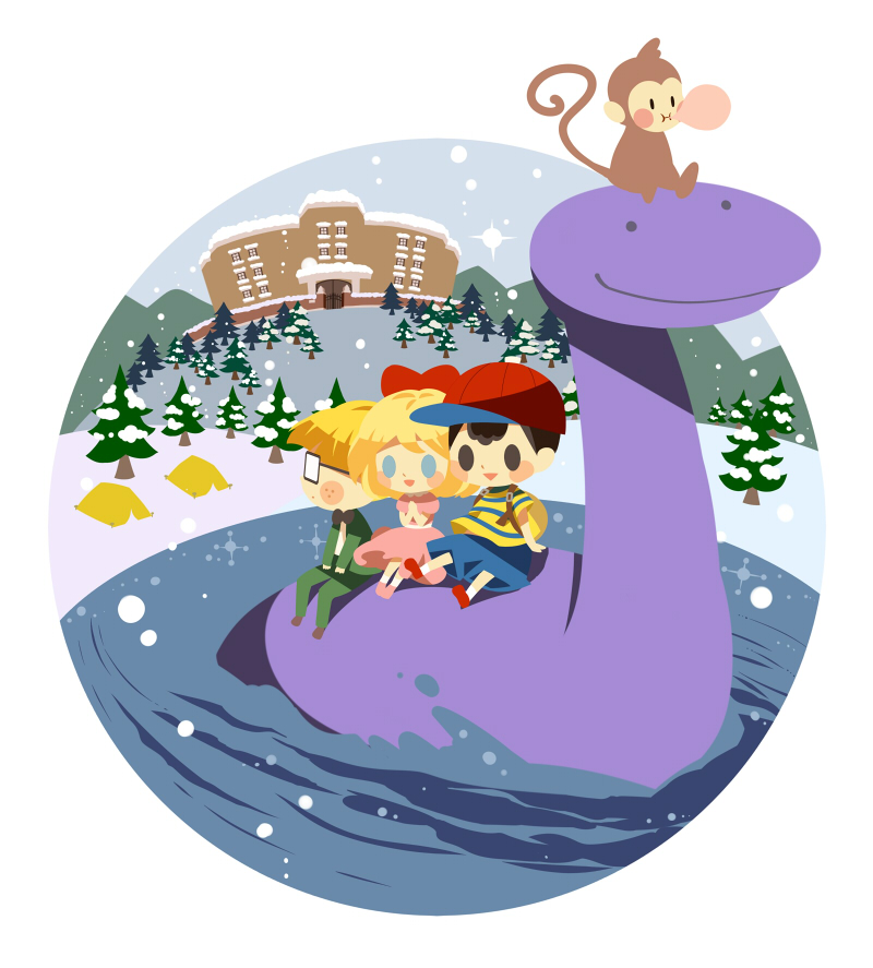 1girl 2boys black_bow black_bowtie black_eyes black_hair blonde_hair blowing_bubble_gum blowing_bubbles blue_eyes blue_shorts bow bowtie bubble_monkey building chewing_gum freckles glasses green_jacket green_pants hair_bow hitofutarai jacket jeff_andonuts mother_(series) mother_2 multiple_boys ness_(mother_2) nintendo open_mouth pants paula_(mother_2) pine_tree red_bow red_footwear red_headwear riding short_hair shorts snowing solid_oval_eyes tessie_(mother_2) tree winter