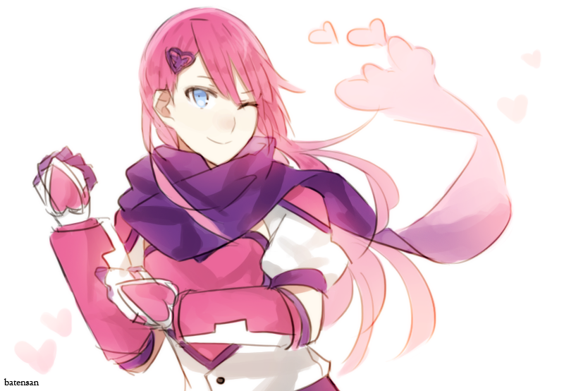 1girl batensan blue_eyes female_focus gauntlets gloves hair_ornament hairclip heart heartful_punch kokoro_aichi long_hair looking_at_viewer magical_girl one_eye_closed pink_hair purple_scarf scarf short_sleeves sleepless_domain solo upper_body white_background