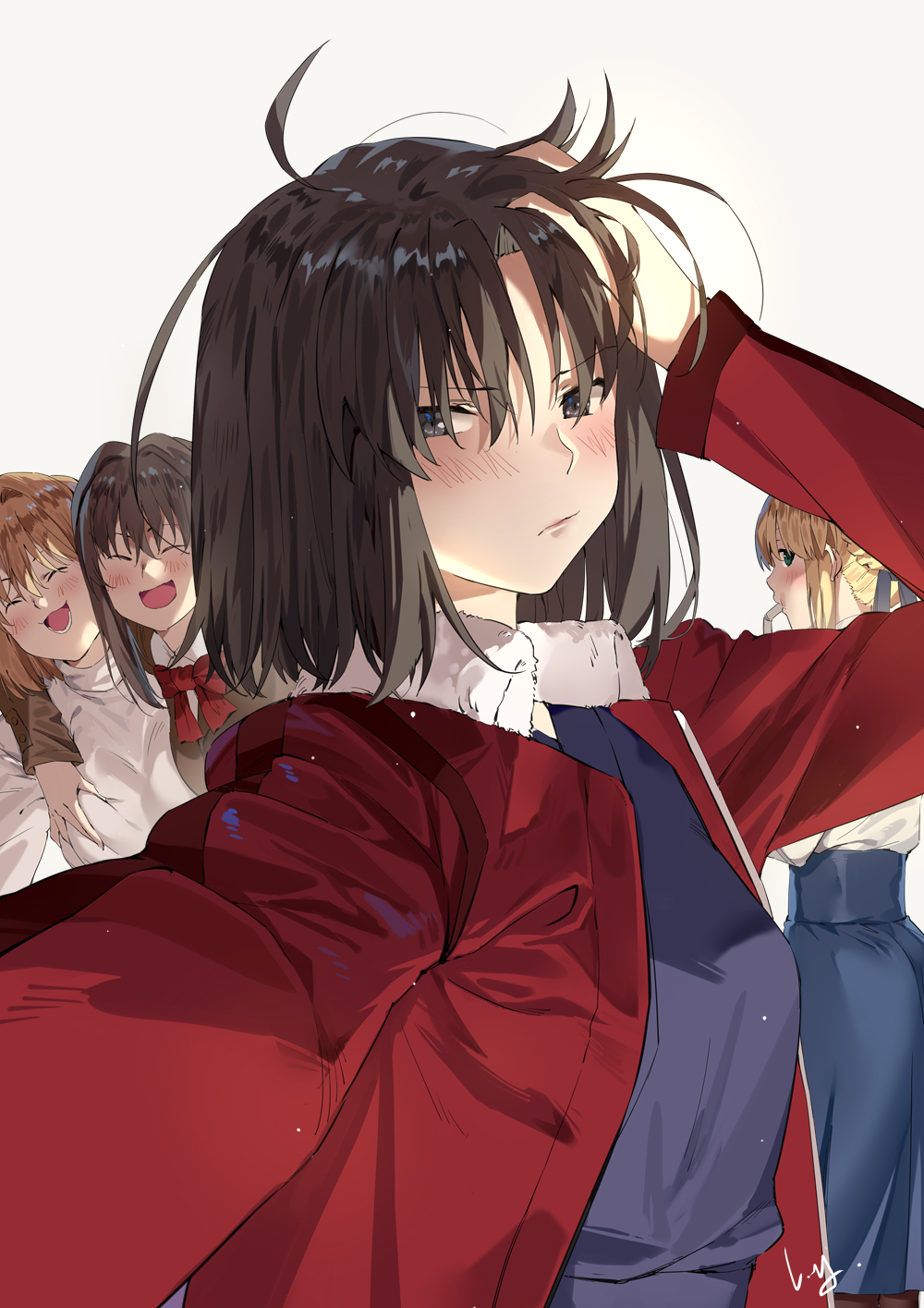 4girls :d aozaki_aoko arcueid_brunestud arm_over_shoulder artoria_pendragon_(fate) bad_id bad_pixiv_id black_eyes black_hair blonde_hair blue_kimono blush braid braided_bun breasts brown_hair closed_eyes club3 company_connection drinking drinking_straw fate/stay_night fate_(series) fur_collar grabbing_another&#039;s_breast graphite_(medium) green_eyes groping hair_bun hair_intakes hair_ribbon hand_in_own_hair hand_on_own_head highres jacket japanese_clothes kara_no_kyoukai kimono large_breasts long_sleeves looking_at_viewer mahou_tsukai_no_yoru medium_breasts multiple_girls neck_ribbon open_mouth pout red_jacket ribbon ryougi_shiki saber_(fate) school_uniform selfie short_hair signature simple_background smile traditional_media tsukihime turtleneck type-moon white_background
