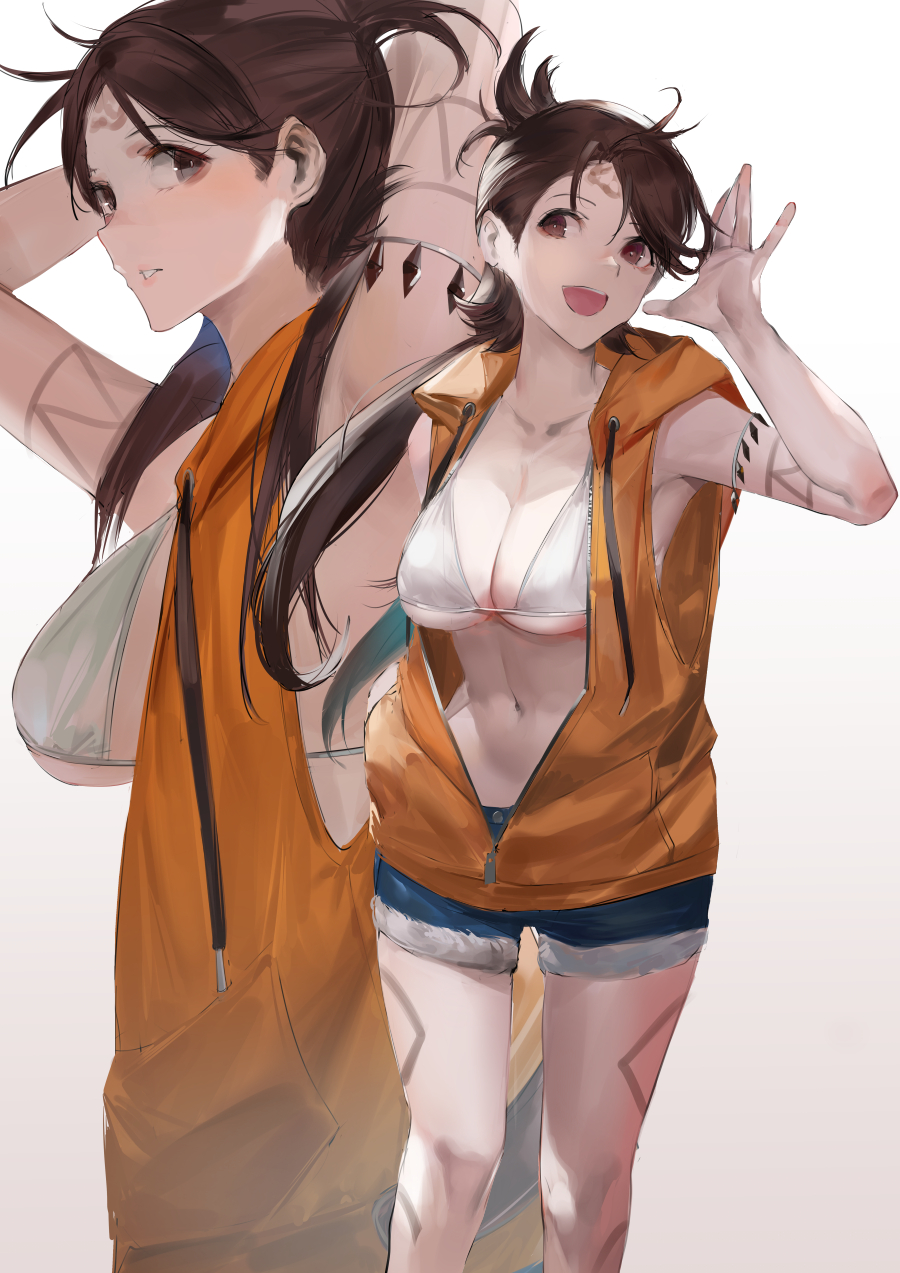 1girl bare_shoulders bikini blazpu breasts brown_eyes brown_hair cleavage facial_mark fate/grand_order fate_(series) forehead forehead_mark highres himiko_(fate) himiko_(tour_outfit)_(fate) hood hoodie large_breasts long_hair looking_at_viewer short_shorts shorts sleeveless sleeveless_hoodie swimsuit thighs topknot twintails white_bikini