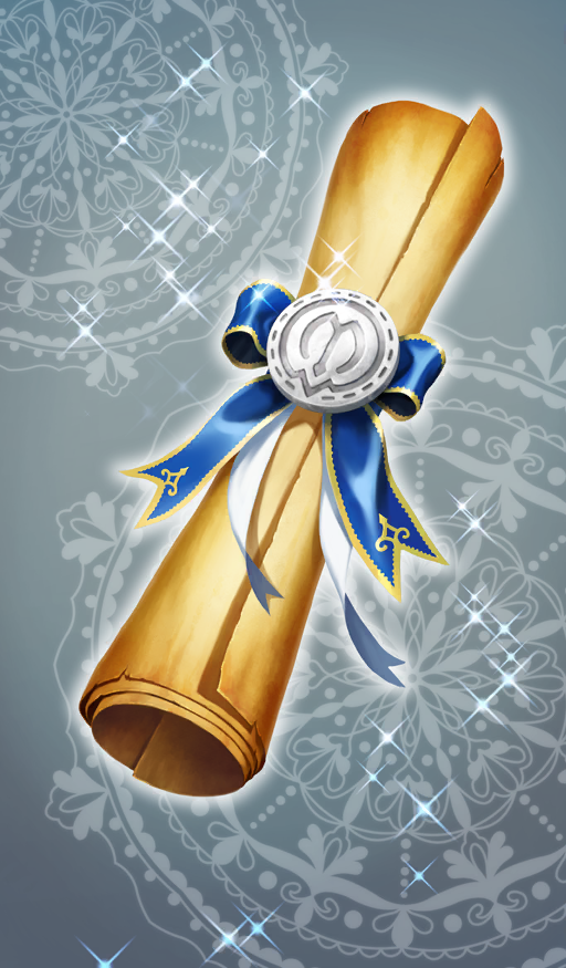 blue_ribbon commentary diffraction_spikes fate/grand_order fate_(series) no_humans object_focus official_art parchment ribbon sasaki_midori scroll sparkle still_life third-party_source