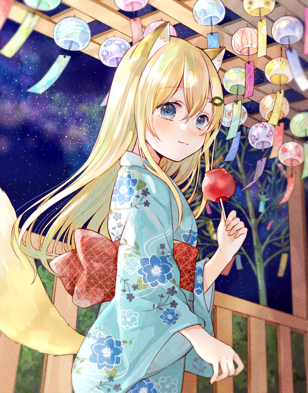 1girl animal_ear_fluff animal_ears aqua_kimono back_bow blonde_hair blush bow candy_apple closed_mouth commentary_request cowboy_shot festival floral_print floral_print_kimono food fox_ears fox_girl fox_tail from_side hair_between_eyes hair_ornament hair_over_shoulder highres holding_candy_apple japanese_clothes kimono leaf_hair_ornament long_hair long_sleeves looking_at_viewer looking_to_the_side milky_way night night_sky obi original outdoors print_kimono railing red_bow red_sash sash sidelocks sky smile solo star_(sky) starry_sky tail tanabata tanzaku tententuyu tree wide_sleeves