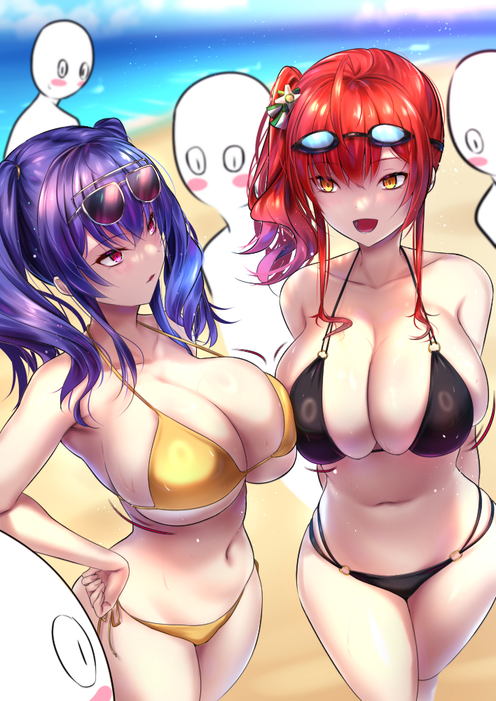 2girls 4boys :d akeyama_kitsune azur_lane bikini black_bikini blue_sky blush_stickers breasts cleavage day faceless faceless_male goggles goggles_on_head gold_bikini hand_on_own_hip large_breasts looking_at_another multiple_boys multiple_girls navel ocean official_alternate_costume open_mouth outdoors parted_lips pola_(azur_lane) pola_(seaside_coincidence)_(azur_lane) purple_eyes purple_hair red_hair side_ponytail sky smile stomach strap_gap swimsuit twintails yellow_eyes zara_(azur_lane) zara_(poolside_coincidence)_(azur_lane)