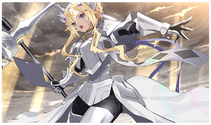 1girl amagasa_yun armor blonde_hair braid cloud cloudy_sky dogmatika_ecclesia_the_virtuous duel_monster ecclesia_(yu-gi-oh!) facial_mark fake_horns forehead_mark green_eyes hair_ornament holding holding_polearm holding_weapon horns open_mouth polearm sky solo stigmata war_hammer weapon white_armor yu-gi-oh!