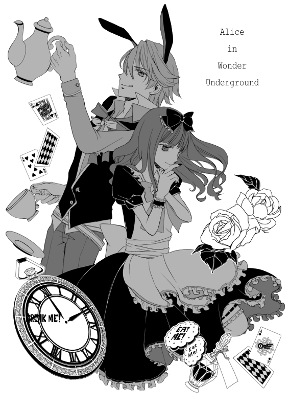1boy 1girl ace_(playing_card) alice_(alice_in_wonderland) alice_(alice_in_wonderland)_(cosplay) alice&#039;s_adventures_in_wonderland animal_ears ark41500 bad_id bad_pixiv_id bloomers bottle bow card clock cosplay cup dress english_text flower greyscale hair_bow heart_card kamen_rider kamen_rider_fourze_(series) kemonomimi_mode long_hair monochrome nail_polish nozama_tomoko playing_card rabbit_ears rose sakuta_ryuusei saucer smile spade spades_card teacup tongue tongue_out underwear white_rabbit_(alice_in_wonderland) white_rabbit_(cosplay)