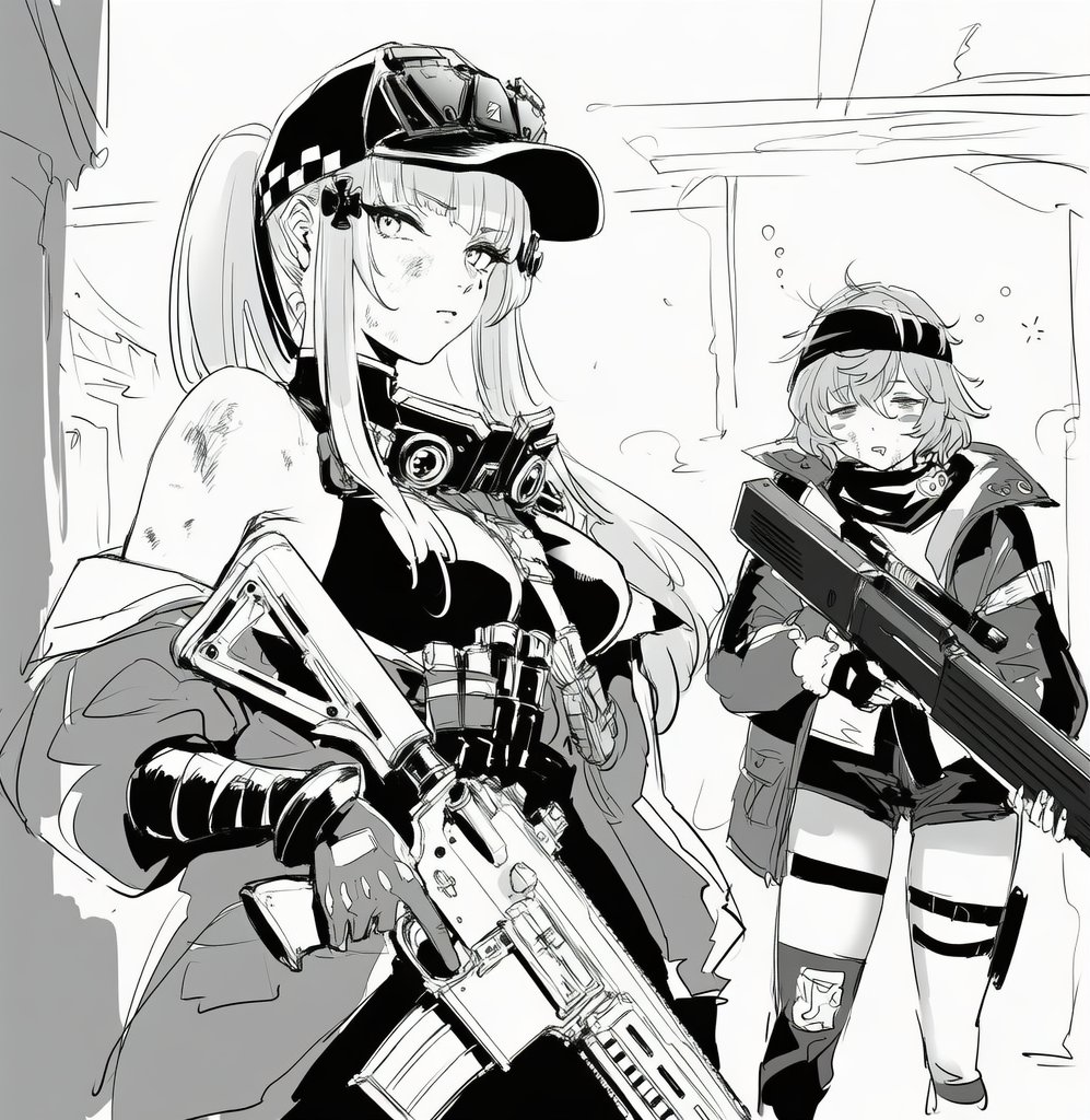 2girls assault_rifle bandana baseball_cap blush_stickers breasts bullpup caseless_firearm closed_mouth cross_hair_ornament dirt feet_out_of_frame g11_(girls&#039;_frontline) girls&#039;_frontline girls&#039;_frontline_2:_exilium greyscale gun h&amp;k_g11 h&amp;k_hk416 hair_ornament hashtag-only_commentary hat hk416_(girls&#039;_frontline) holding holding_gun holding_weapon jacket klukai_(girls&#039;_frontline_2) korose163 long_hair looking_at_viewer mechty_(girls&#039;_frontline_2) monochrome multiple_girls parted_lips ponytail rifle short_hair sidelocks sleepy tattoo teardrop_facial_mark teardrop_tattoo weapon