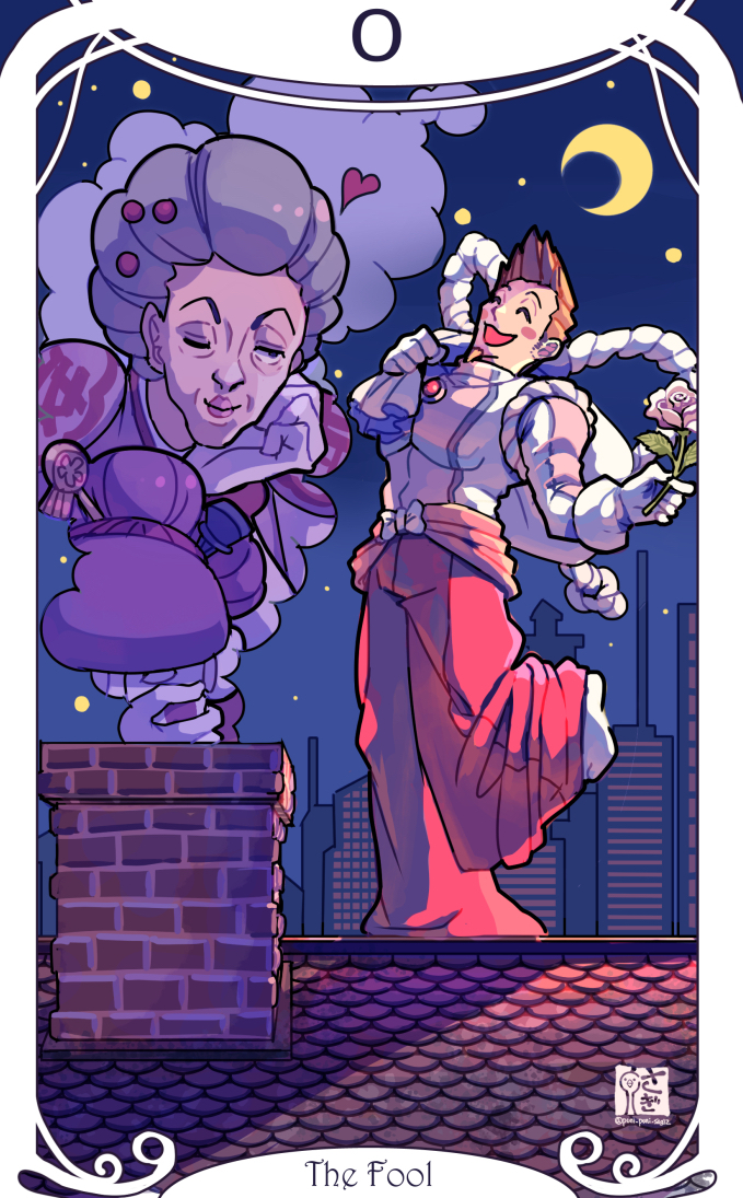 1boy 1girl ace_attorney ace_attorney_investigations ace_attorney_investigations:_miles_edgeworth bag blush_stickers bow brown_hair card_(medium) chimney cityscape closed_eyes costume facial_hair flower gloves goatee grey_hair hakama hakama_pants hand_on_own_chin heart holding holding_bag holding_flower holding_mask japanese_clothes larry_butz mask moon night night_sky old old_woman one_eye_closed outdoors pants pink_lips red_hakama saginoko short_hair sky standing tarot tarot_(medium) the_fool_(tarot) wendy_oldbag white_bow white_gloves