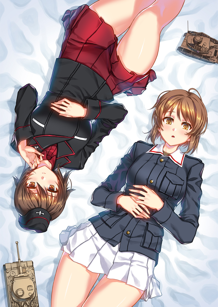 10s 2girls bed_sheet black_hat black_jacket blue_jacket brown_eyes brown_hair commentary dress_shirt from_above garrison_cap girls_und_panzer green_shirt hat jacket kuromorimine_military_uniform kws long_sleeves looking_at_viewer lying military military_hat military_uniform military_vehicle miniskirt motor_vehicle multiple_girls nishizumi_maho nishizumi_miho on_back on_bed ooarai_military_uniform panzer_iv parted_lips pleated_skirt red_shirt red_skirt shirt short_hair siblings sisters skirt tank thighs tiger_i upside-down white_skirt