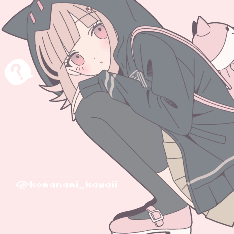 1girl :o animal_bag backpack bag black_jacket black_thighhighs blush brown_hair cat_bag danganronpa_(series) danganronpa_2:_goodbye_despair from_side hood hood_up hooded_jacket jacket komanami_kawaii long_sleeves miniskirt nanami_chiaki pink_bag pink_eyes pink_shoes pleated_skirt shoes simple_background skirt solo spaceship_hair_ornament squatting thighhighs