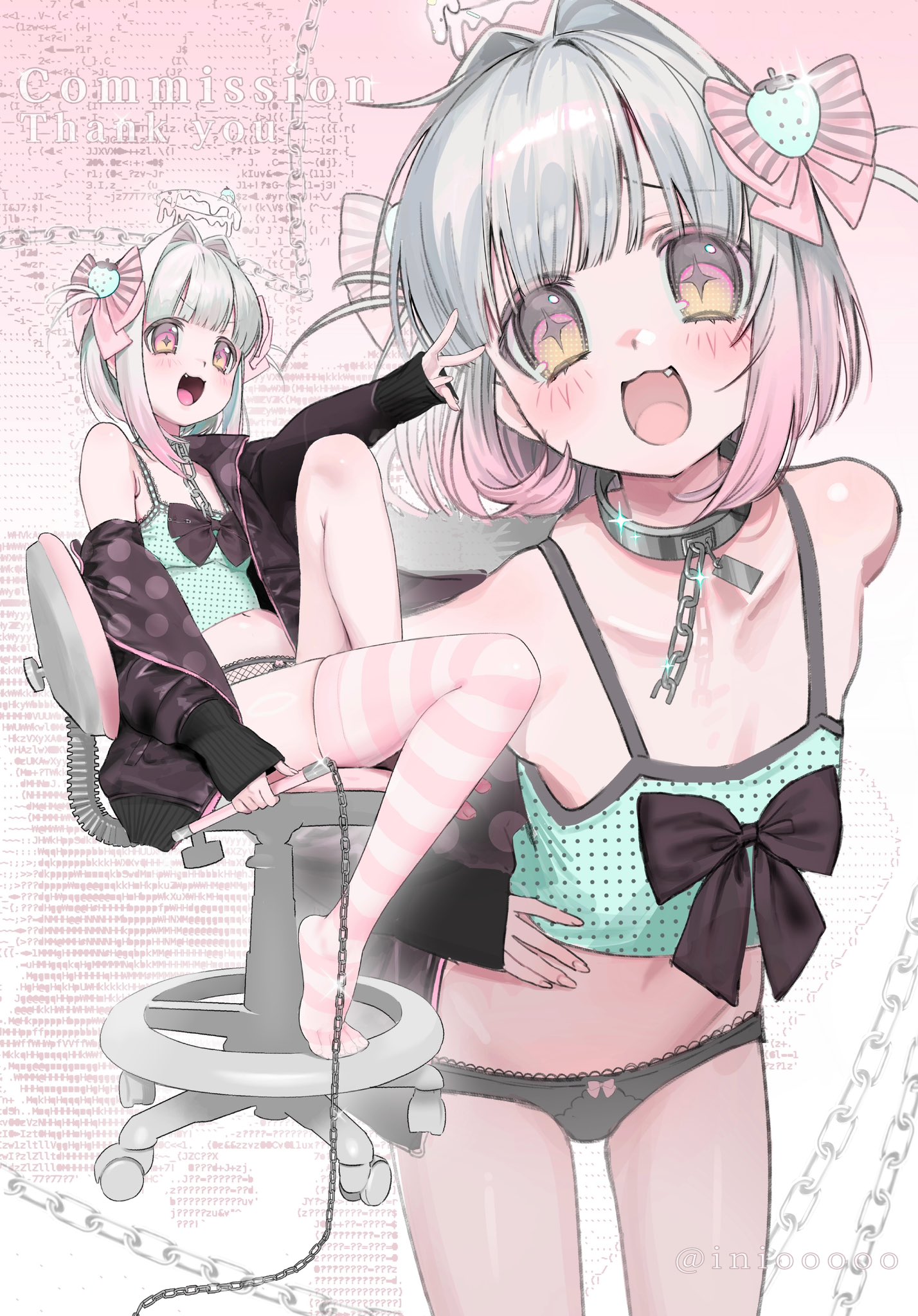 1girl aqua_tank_top black_bow black_jacket black_panties bow chain chain_leash chain_whip chair commission crop_top fang flat_chest gradient_background gradient_hair hair_bow hair_intakes halo highres holding holding_whip iniooooo jacket lace lace_panties leash melting_halo multicolored_eyes multicolored_hair multiple_views no_shoes off_shoulder on_chair open_mouth original panties pink_background pink_bow pink_eyes pink_hair pink_thighhighs pinstripe_bow polka_dot polka_dot_shirt shirt short_hair sitting skeb_commission smile striped_clothes striped_thighhighs swivel_chair tank_top thighhighs two-tone_background two-tone_eyes two-tone_hair underwear white_background white_hair white_halo yellow_eyes