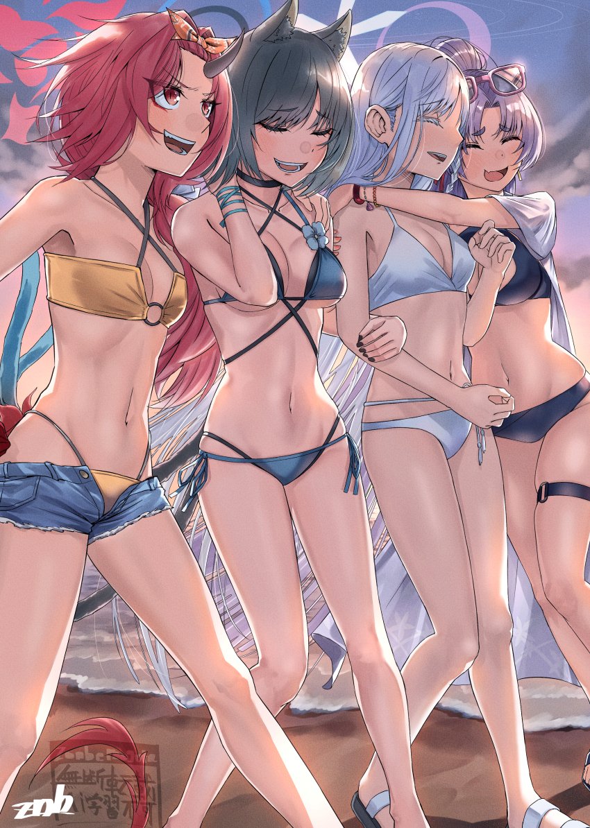 4girls animal_ears bikini bikini_under_shorts black_bikini black_hair blue_archive blue_bikini blue_halo breasts cat_ears cat_tail cleavage criss-cross_straps denim denim_shorts dragon_horn dragon_tail eyewear_on_head feet_out_of_frame gradient_tail hair_ornament halo horns hug hyakkaryouran_(blue_archive) kikyou_(blue_archive) kikyou_(swimsuit)_(blue_archive) layered_bikini long_hair multi-strapped_bikini_bottom multiple_girls multiple_tails nagusa_(blue_archive) nagusa_(swimsuit)_(blue_archive) o-ring o-ring_bikini official_alternate_costume official_alternate_hairstyle purple-framed_eyewear purple_hair purple_halo red_eyes red_hair red_halo red_tail renge_(blue_archive) renge_(swimsuit)_(blue_archive) shorts single_horn smile snowflake_hair_ornament sunglasses swimsuit tail two_tails white_bikini white_hair white_halo yellow_bikini yukari_(blue_archive) yukari_(swimsuit)_(blue_archive) zombie_mogura