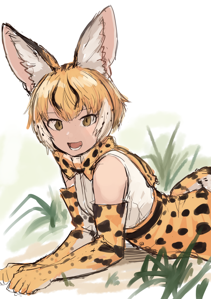 1girl :d animal_ear_fluff animal_ears animal_print bare_shoulders belt blonde_hair bow bowtie commentary_request elbow_gloves extra_serval_(kemono_friends) gloves grass kemono_friends looking_at_viewer lying multicolored_hair on_stomach open_mouth print_bow print_bowtie print_gloves print_skirt rumenia_(ao2is) shirt short_hair sketch skirt sleeveless sleeveless_shirt smile solo two-tone_hair white_hair white_shirt yellow_eyes