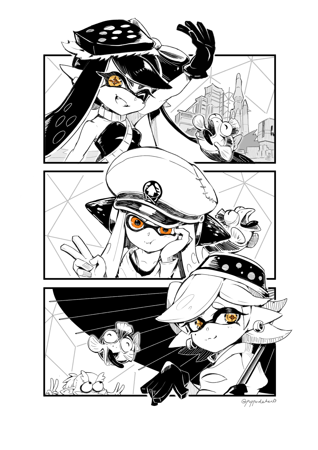1boy 3girls agent_3_(splatoon) arm_up behind-the-head_headphones bow-shaped_hair breasts callie_(alterna)_(splatoon) callie_(splatoon) cap&#039;n_cuttlefish captain_3_(splatoon) choker closed_mouth coat commentary_request cross-shaped_pupils dress earrings fangs gloves hand_on_own_cheek hand_on_own_face hat headphones highres holding holding_umbrella inkling jewelry long_hair long_pointy_ears looking_at_viewer marie_(alterna)_(splatoon) marie_(splatoon) medium_hair mole mole_under_eye monochrome multiple_girls nintendo one_eye_closed open_mouth orange_eyes peaked_cap pointy_ears salmonid small_breasts smallfry_(splatoon) smile splatoon_(series) splatoon_3 spot_color strapless strapless_dress swept_bangs symbol-shaped_pupils tentacle_hair umbrella v yellow_eyes yuki_ahiru
