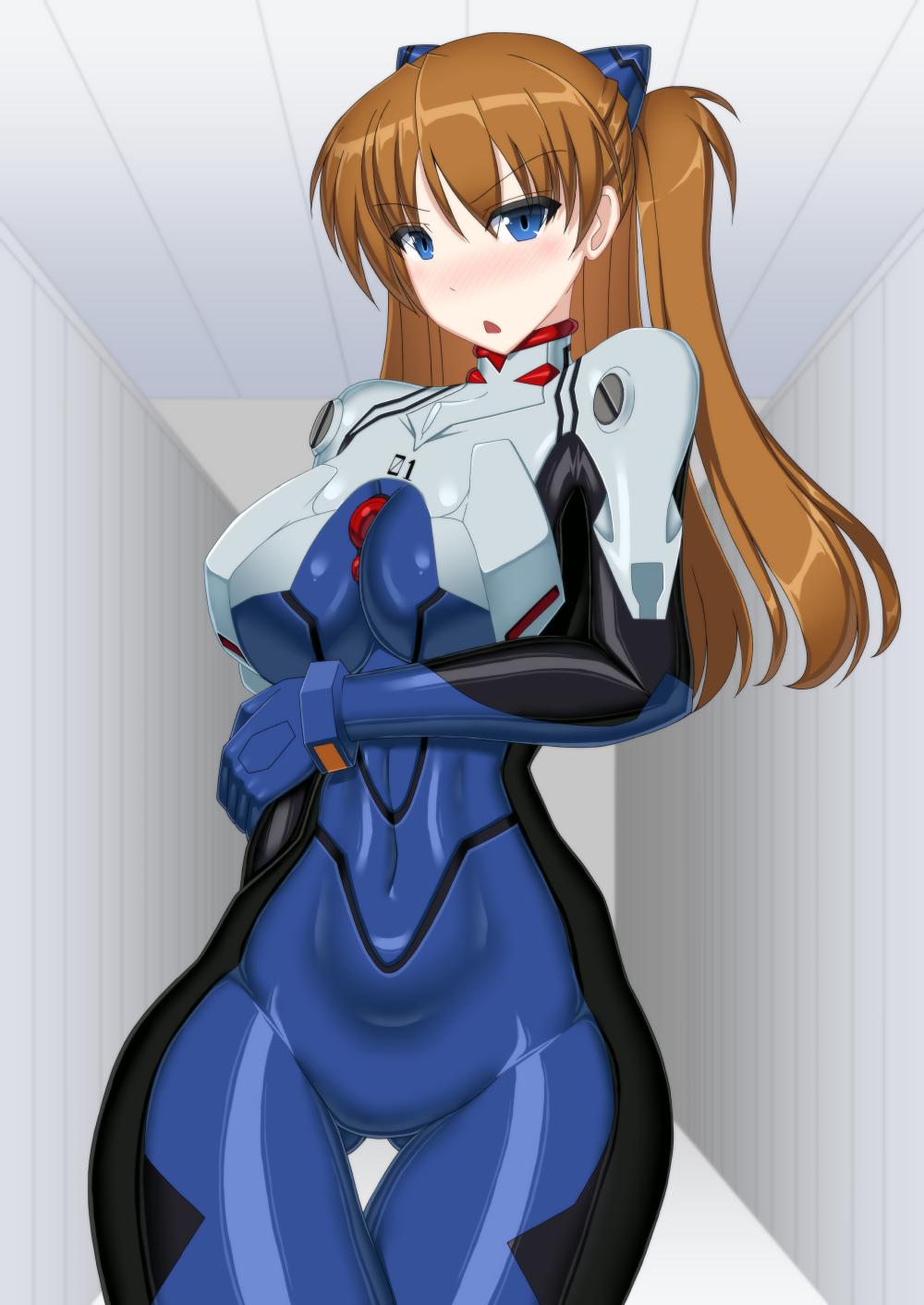 1girl blue_bodysuit blue_eyes bodysuit breasts cosplay covered_navel cowboy_shot curvy fuuki_(misty_wind) gluteal_fold headgear highres ikari_shinji ikari_shinji_(cosplay) impossible_bodysuit impossible_clothes interface_headset_(evangelion) large_breasts linea_alba looking_at_viewer mecha_pilot_suit multicolored_bodysuit neon_genesis_evangelion orange_hair plugsuit_(evangelion) science_fiction shiny_clothes skin_tight solo souryuu_asuka_langley thigh_gap tsundere white_bodysuit wide_hips