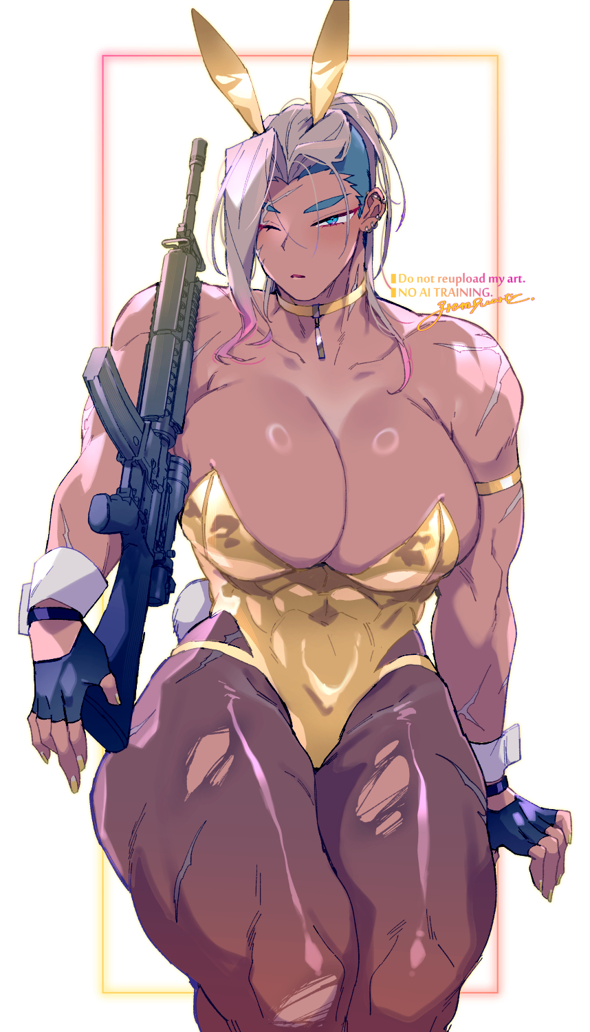 1girl abs armband assault_rifle blonde_hair blue_eyes blue_hair breasts collar dark-skinned_female dark_skin earrings gloves gram_quartz gun highres holding holding_gun holding_weapon jewelry large_breasts leotard looking_at_viewer m16 m16a4 missing_eye muscular muscular_female original pantyhose playboy_bunny rifle scar scar_on_face shiny_skin torn_clothes torn_pantyhose weapon wrist_cuffs