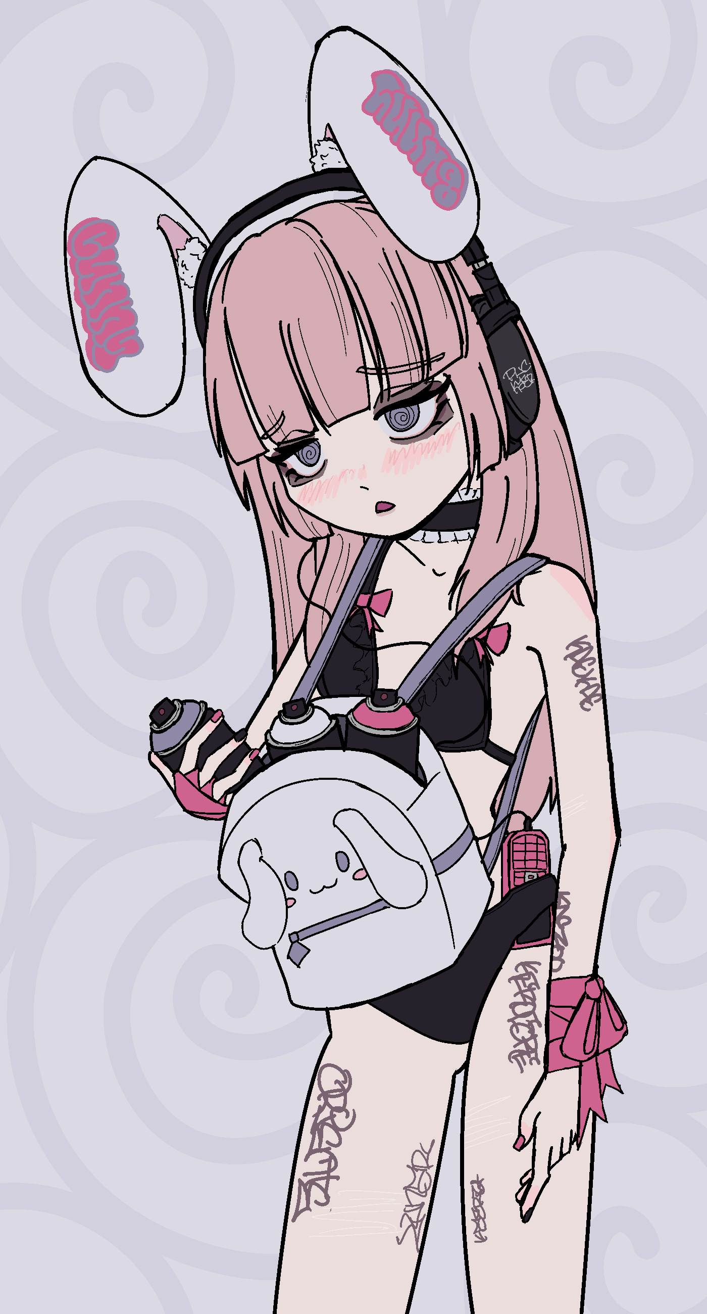 @_@ absurdres animal arm_tattoo backpack bag bikini blush cellphone choker earphones fingerless_gloves frills gloves highres kerocore_ multicolored_nails no_pants one_glove original phone pink_hair pink_nails pink_ribbon purple_eyes rabbit_ears ribbon spray_can swimsuit tattoo leg_tattoo triangle_mouth wrist_ribbon