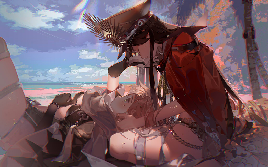 2girls beach bikini black_hair blue_sky cape closed_eyes commentary_request day elbow_gloves fate/grand_order fate_(series) gloves hat indian_style kawacy long_hair looking_at_another lying lying_on_lap military_hat multiple_girls ocean oda_nobunaga_(fate) oda_nobunaga_(koha-ace) oda_nobunaga_(swimsuit_berserker)_(fate) oda_nobunaga_(swimsuit_berserker)_(second_ascension)_(fate) oda_uri okita_j._souji_(fate) okita_j._souji_(second_ascension)_(fate) okita_souji_(fate) okita_souji_(koha-ace) on_back outdoors palm_tree peaked_cap platinum_blonde_hair red_cape shade short_hair sitting sky straight_hair swimsuit thighs tree tree_shade very_long_hair yellow_eyes yuri