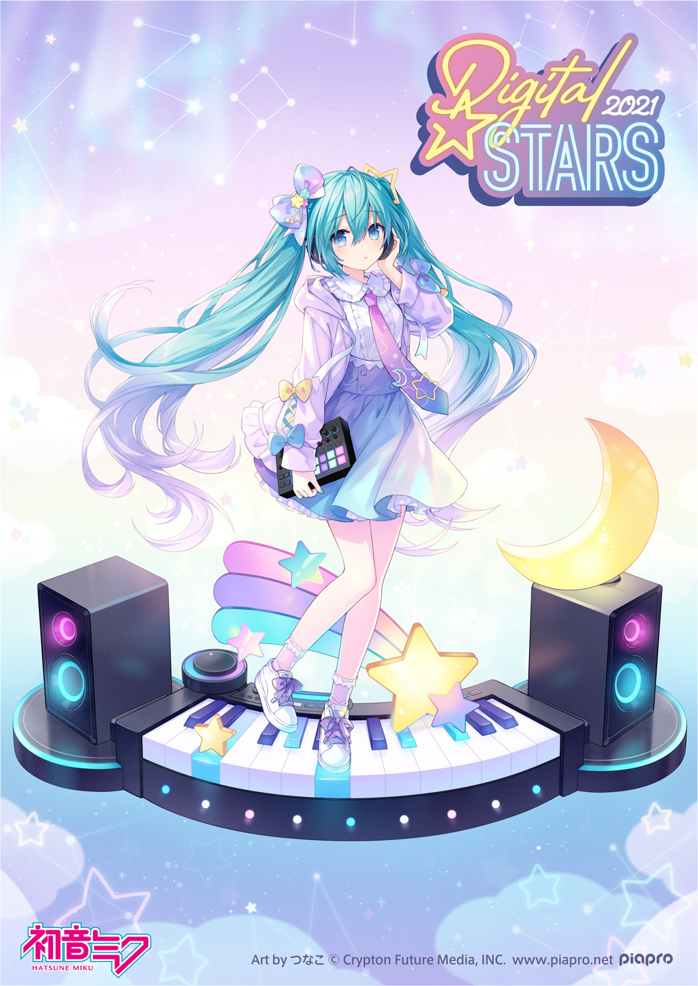 1girl aqua_hair artist_name blue_bow blue_skirt bow commentary_request copyright_name copyright_notice crescent digital_stars digital_stars_miku digital_stars_miku_(2021) frilled_shirt frills full_body gradient_hair gradient_necktie hair_between_eyes hair_bow hair_ornament hatsune_miku high-waist_skirt highres holding instrument jacket keyboard_(instrument) logo long_hair multicolored_hair necktie official_art open_clothes open_jacket pink_hair purple_bow purple_jacket second-party_source shirt shoes shooting_star skirt socks solo speaker standing star_(symbol) star_hair_ornament tsunako twintails very_long_hair vocaloid white_shirt white_shoes yellow_bow