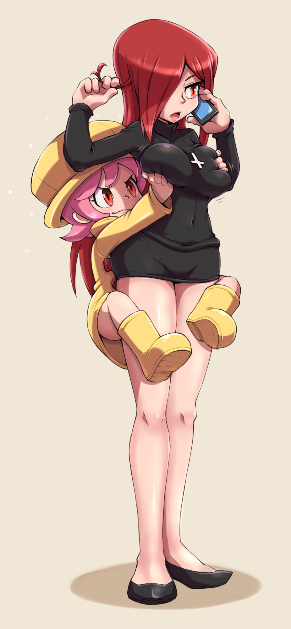 &gt;:( 2girls age_difference bad_id bad_pixiv_id black_footwear boots breast_envy breasts breasts_squeezed_together brown_background cellphone cross cross_necklace flats full_body grabbing_another&#039;s_breast groping hat height_difference highres impossible_clothes impossible_shirt inverted_cross jewelry large_breasts leg_lock legs long_hair miniskirt moyoosu multiple_girls necklace no_pants open_mouth parasoul_(skullgirls) phone pink_eyes pink_hair raincoat red_eyes red_hair rubber_boots shirt shoes short_hair siblings simple_background sisters skindentation skirt skullgirls sweat sweater turtleneck twirling_hair umbrella_(skullgirls)