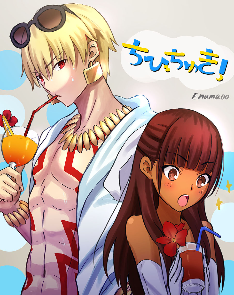 1boy 1girl abs aora bad_id bad_pixiv_id blonde_hair brown_hair cocktail dark_skin drinking earrings eyewear_on_head fate/strange_fake fate_(series) gilgamesh_(fate) highres jewelry long_hair necklace official_alternate_costume red_eyes simple_background tattoo tine_chelc