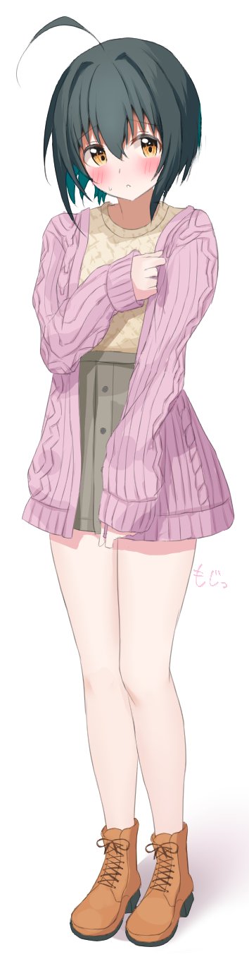 1girl ashinagi_(bijutu1) blush breasts full_body highres idolmaster idolmaster_cinderella_girls kohinata_miho looking_at_viewer short_hair small_breasts yellow_eyes