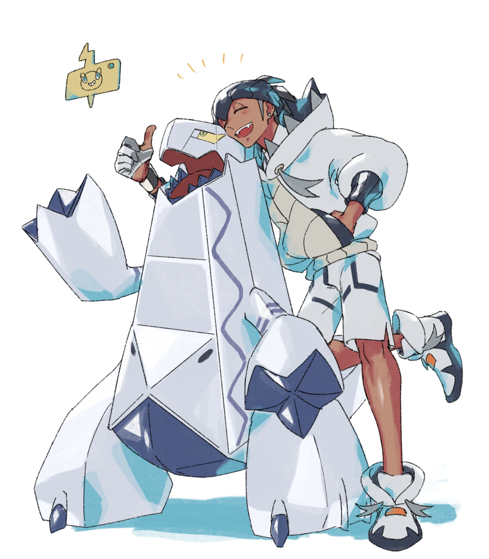 1boy :d black_hair blush closed_eyes commentary_request duraludon earrings gen_4_pokemon gen_8_pokemon gloves hand_in_pocket hood hood_down hoodie jewelry knees male_focus nintendo open_mouth partially_fingerless_gloves pokemon pokemon_(creature) pokemon_masters_ex raihan_(pokemon) rotom rotom_phone shoes shorts side_slit side_slit_shorts single_glove smile standing standing_on_one_leg suruga_dbh teeth thumbs_up undercut upper_teeth_only white_footwear white_hoodie white_shorts |d