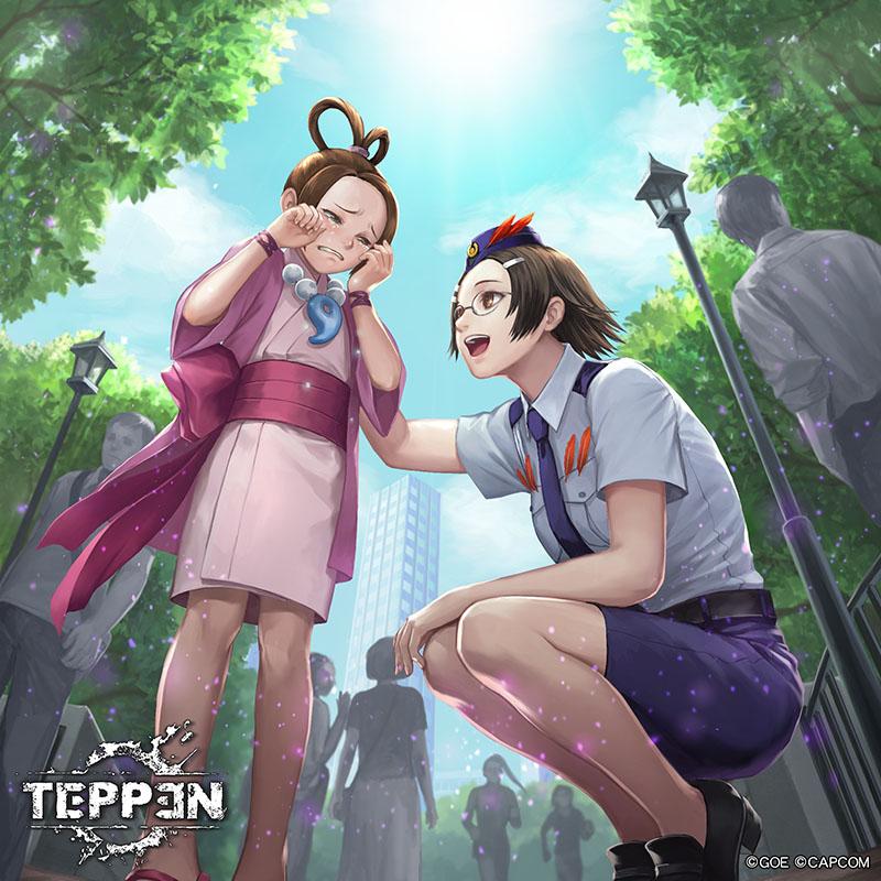 2girls :d ace_attorney black_footwear blue_hat blue_skirt bracelet brown_hair building company_name copyright_name crying day fence hair_ornament hair_rings hairclip hands_up hat hinata_gureko japanese_clothes jewelry kimono lamppost magatama magatama_necklace maggey_byrde multiple_girls necklace official_art open_mouth outdoors pearl_fey people phoenix_wright:_ace_attorney_-_justice_for_all police police_uniform skirt skyscraper smile standing sunlight tears teppen tree wiping_tears