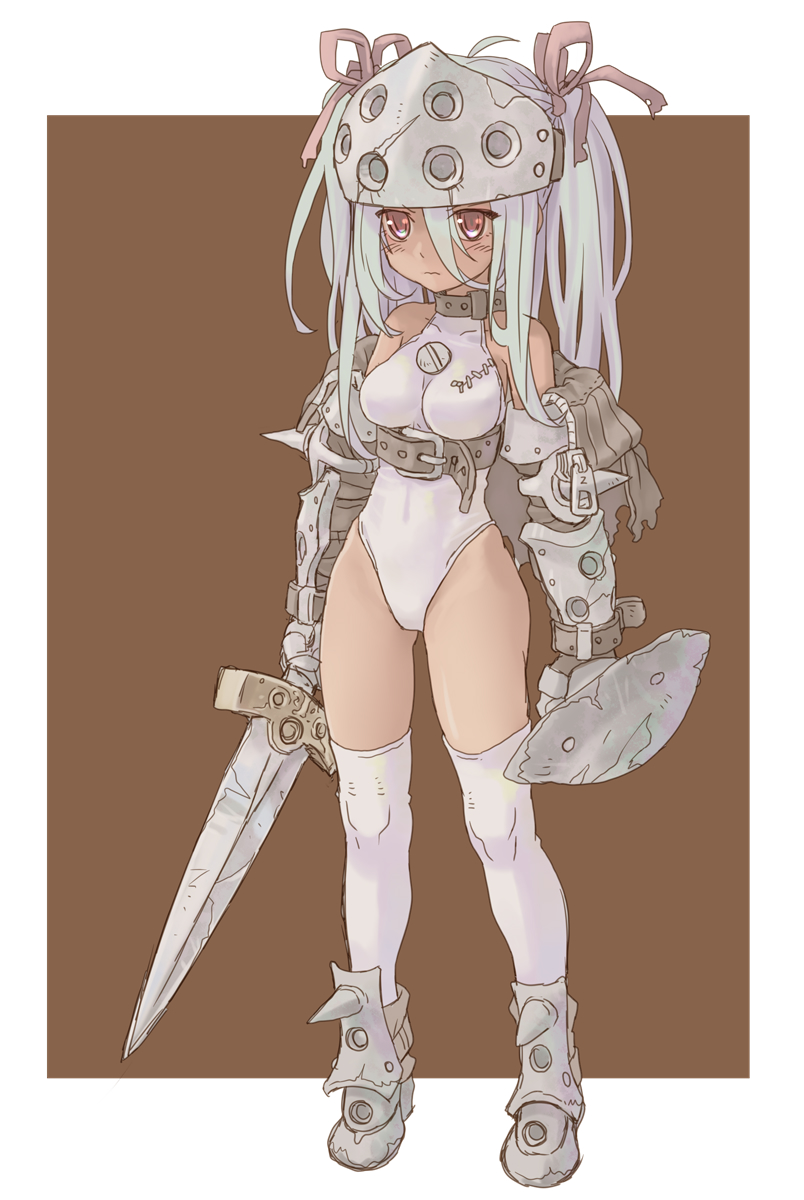 1girl ahoge armor armored_boots armored_gloves belt boots breasts brown_eyes buckler commentary_request dark-skinned_female dark_skin expressionless forehead_protector full_body grey_hair hair_ribbon highleg highleg_leotard highres holding holding_shield holding_sword holding_weapon katahira_masashi leotard long_hair medium_breasts original ribbon shield solo sword thighhighs weapon