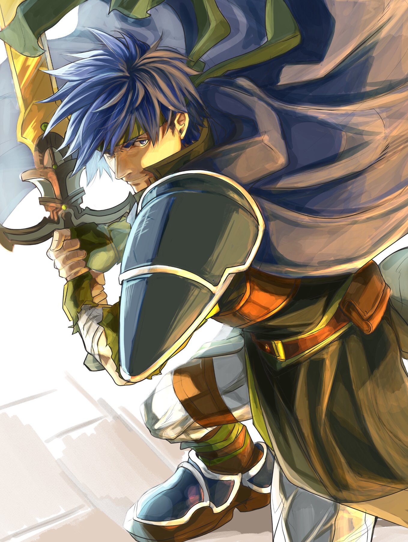1boy armor blue_cape blue_eyes blue_hair cape fire_emblem fire_emblem:_path_of_radiance green_headband headband highres holding holding_sword holding_weapon ike_(fire_emblem) male_focus nintendo pants pauldrons ragnell short_hair shoulder_armor single_pauldron sutekina_yari sword weapon white_pants