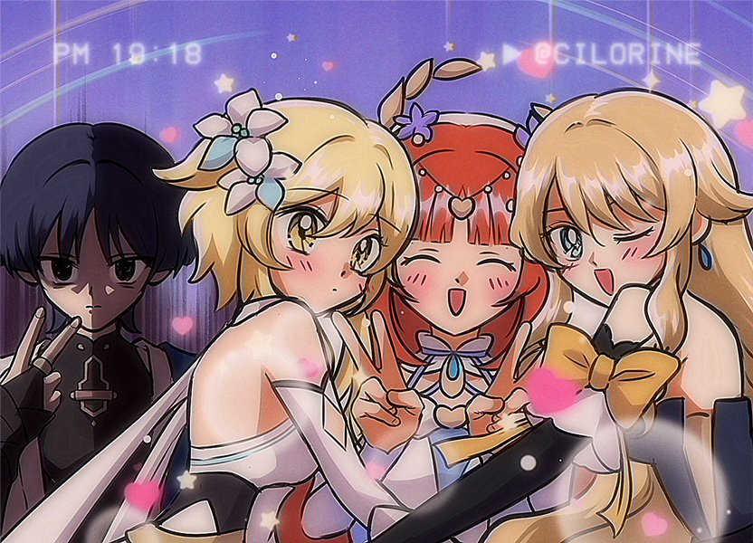 1990s_(style) 1boy 3girls arm_bow arm_cutout armor black_bodysuit black_bridal_gauntlets black_corset black_eyes black_hair black_sleeves blonde_hair blue_eyes blue_flower blue_gemstone blunt_bangs blunt_ends blush bodysuit bow bridal_gauntlets brooch cilorine closed_eyes closed_mouth collar corset dated detached_collar detached_sleeves double_v dress earrings empty_eyes fingernails flower gem genshin_impact girl_sandwich glaring gold gold_ring hair_between_eyes hair_flower hair_intakes hair_ornament heads_together heart heart_hair_ornament japanese_armor japanese_clothes jewelry kimono kote kurokote laurel_crown long_hair looking_at_viewer lumine_(genshin_impact) mandarin_collar middle_ring multicolored_flower multiple_girls navia_(genshin_impact) nilou_(breeze_of_sabaa)_(genshin_impact) nilou_(genshin_impact) one_eye_closed open_clothes open_kimono open_mouth parted_bangs purple_flower purple_sky red_hair retro_artstyle sandwiched scaramouche_(genshin_impact) scarf shaded_face short_hair short_hair_with_long_locks sidelighting sidelocks single_bare_shoulder sky star_(symbol) strapless strapless_dress tareme twitter_username v veil wanderer_(genshin_impact) white_collar white_dress white_flower white_kimono white_scarf white_sleeves white_veil yellow_bow yellow_eyes