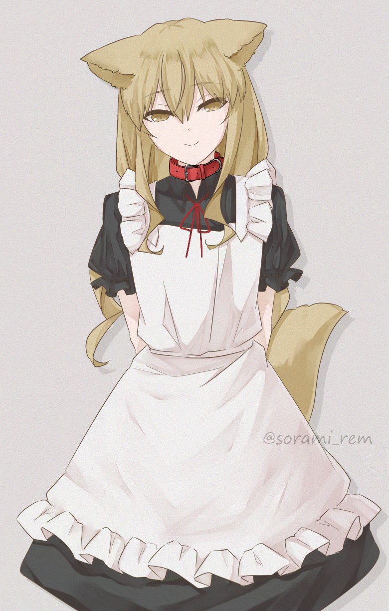 1boy animal_ears apron arms_behind_back artist_name blonde_hair cat_ears cat_tail chinese_commentary collar commentary crossdressing crossdressing_(mtf) english_commentary frills hair_between_eyes highres korean_commentary looking_at_viewer maid male_maid mixed-language_commentary original red_collar solo sorami_rem tail trap yellow_eyes