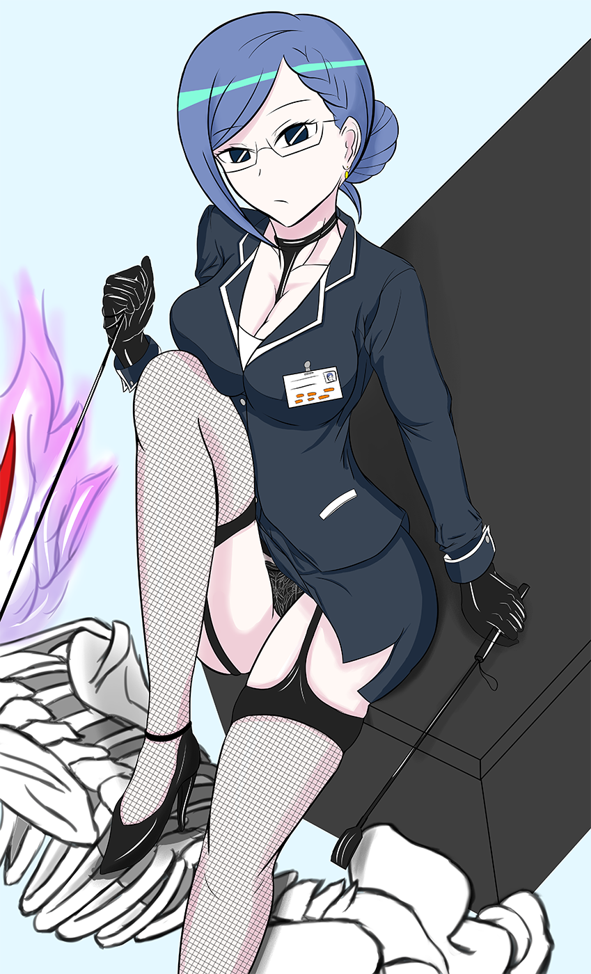 10s 1boy 1girl bdsm black_panties blue_eyes blue_hair bondage bound breasts cleavage femdom glasses highres large_breasts leash over_justice panties secretary_(uchuu_patrol_luluco) skeleton skirt table thighhighs uchuu_patrol_luluco underwear upskirt whip