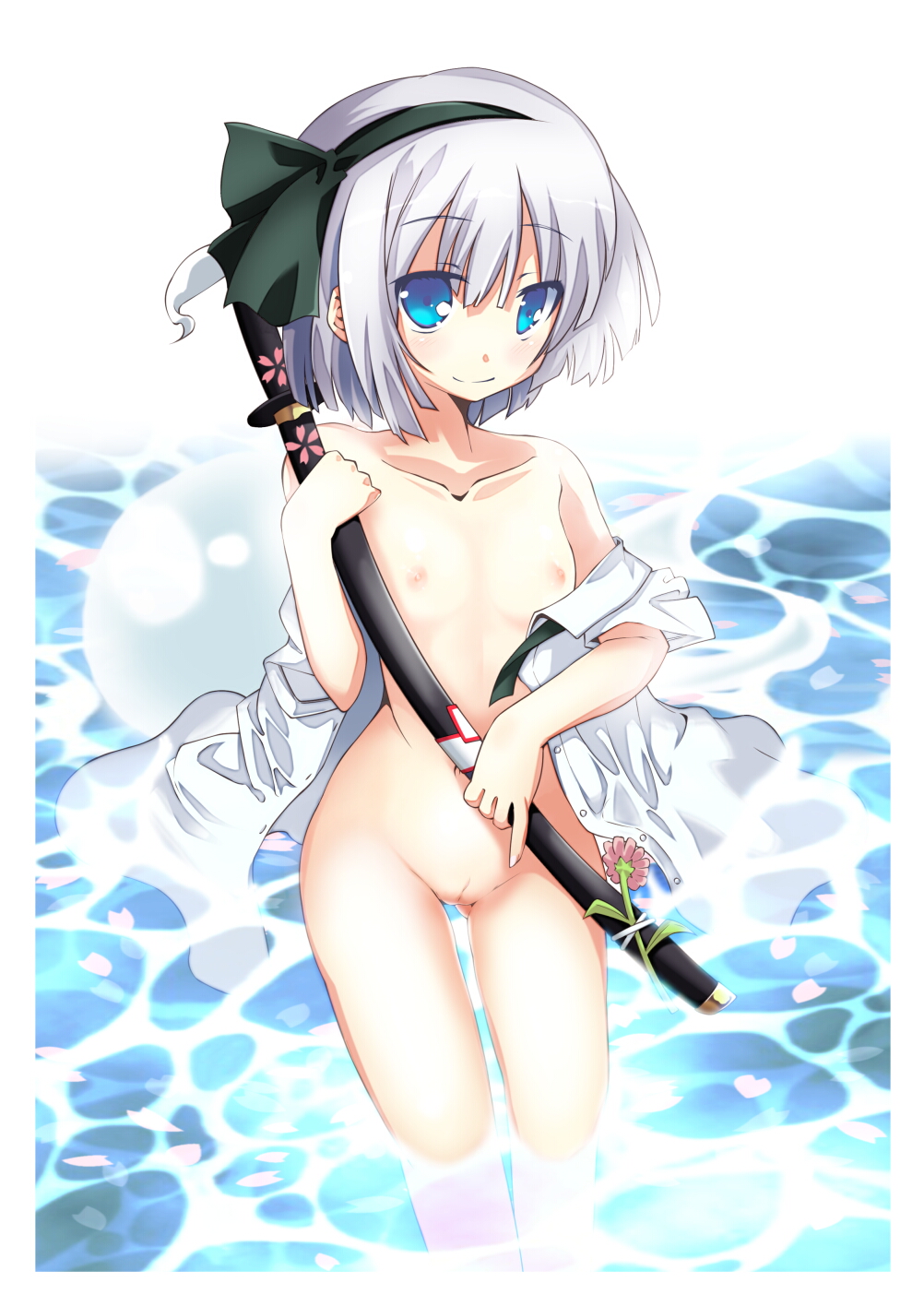 1girl aqua_eyes blush cherry_blossoms cleft_of_venus female_focus flat_chest flower hair_ribbon highres hitodama katana konpaku_youmu konpaku_youmu_(ghost) nipples nude open_clothes petals pussy ribbon sheath sheathed short_hair silver_hair smile solo sword take_tonbo thighs touhou uncensored undressing wading water weapon