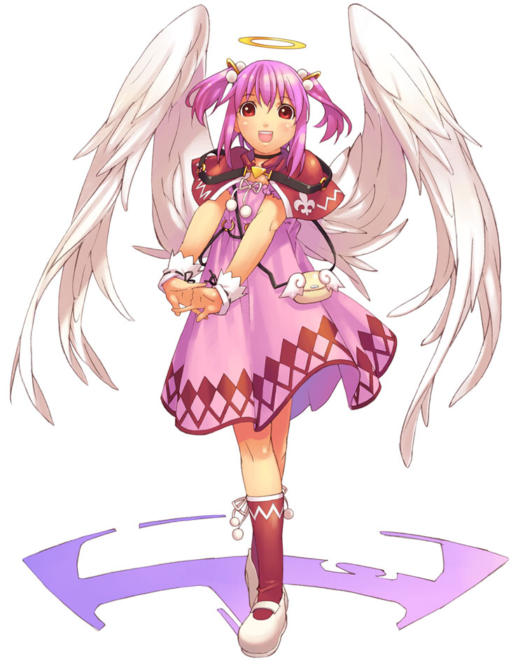 1girl angel_wings bag ciel_(spectral_souls) crossed_legs dress female_focus fleur-de-lis floating_hair full_body halo handbag hirano_katsuyuki official_art open_mouth own_hands_together pink_dress pink_hair pink_skirt red_eyes red_socks shoes short_hair skirt smile socks solo spectral_(series) spectral_souls standing traditional_halo two_side_up v_arms watson_cross white_background white_shoes wings