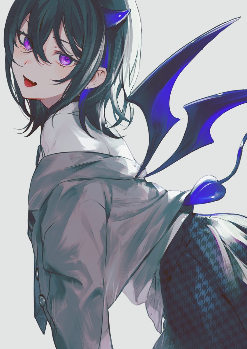 1girl achiki black_hair black_skirt blue_hair blue_horns commentary demon_horns demon_tail demon_wings earrings fang from_side grey_jacket hair_between_eyes heart heart_tail highres horns ichinose_uruha ichinose_uruha_(6th_costume) jacket jewelry looking_at_viewer lupinus_virtual_games medium_hair multicolored_hair off_shoulder official_alternate_costume open_mouth purple_eyes shirt simple_background skin_fang skirt smile solo streaked_hair symbol-only_commentary tail virtual_youtuber vspo! white_background white_shirt wings