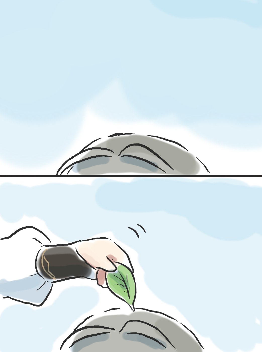 2boys alhaitham_(genshin_impact) chibi comic genshin_impact grey_hair highres kaveh_(genshin_impact) leaf leaf_on_head multiple_boys prank silent_comic simple_background xinzoruo