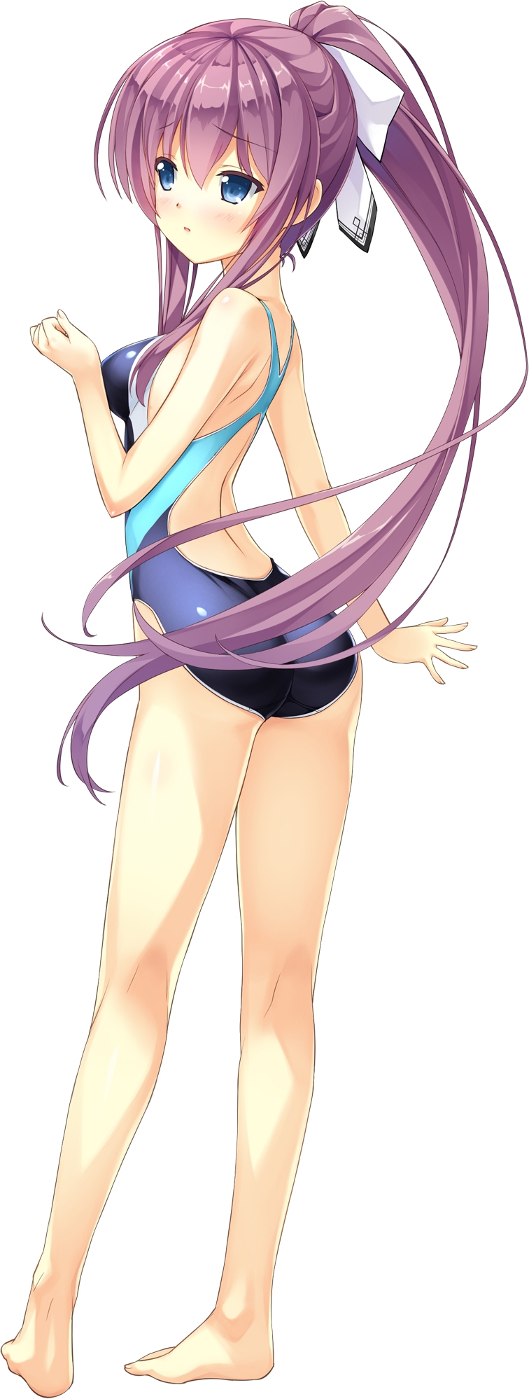 1girl :o arched_back ashishun back barefoot blue_eyes blue_one-piece_swimsuit blush competition_swimsuit embarrassed female_focus from_side full_body hair_between_eyes high_ponytail highres kneepits komagata_yuzuki long_hair non-web_source official_art one-piece_swimsuit ponytail primal_hearts purple_hair raised_eyebrows simple_background solo standing swimsuit very_long_hair white_background